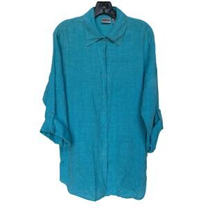 Chico's Blue Linen Button Up Tunic w Roomy Side Pockets, Roll Tab Sleeves size M